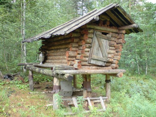 избушка на курьих ножках,медведь похозяйничал:)Остался довольным не сломал "амбар":)))