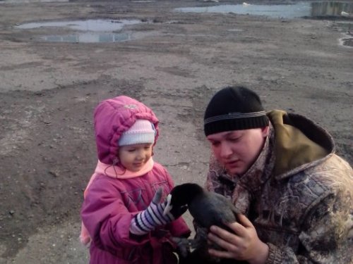 дочь поймала лыску у бабушке в огороде