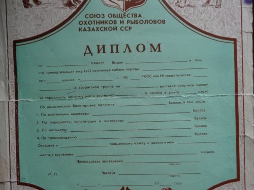 70-х годов Диплом  Казахсканских выставок собак...