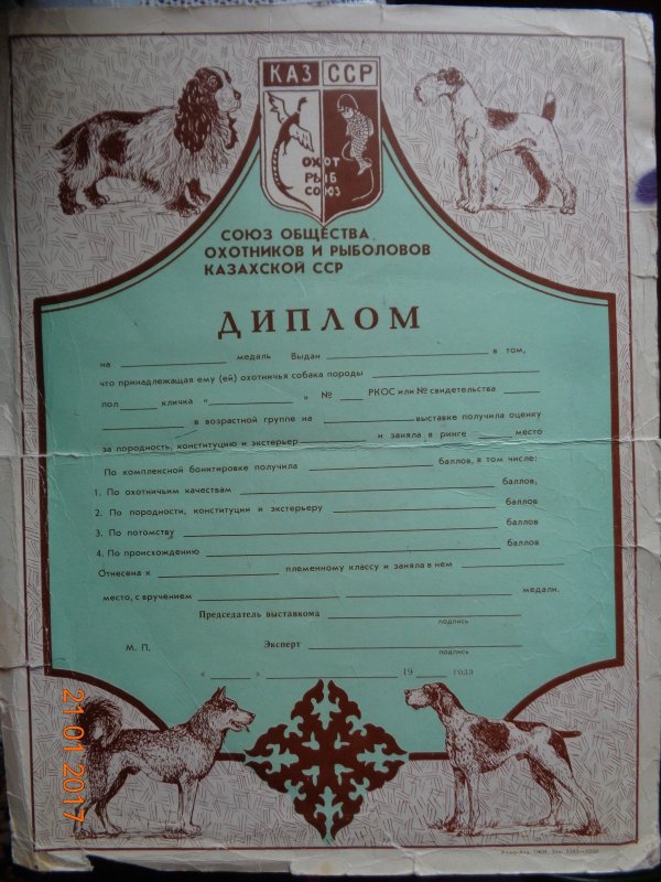70-х годов Диплом  Казахсканских выставок собак...