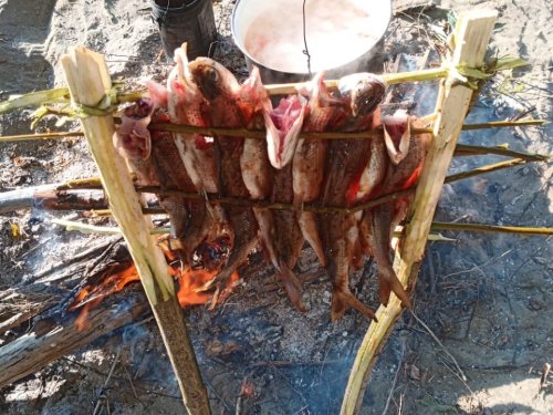 рецепт: ловишь хариусков, чуть соли и перчика и на угольки.........