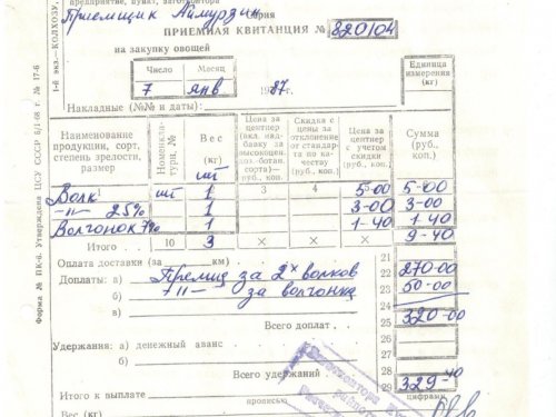 Квитанция оплаты за добытых волков.
