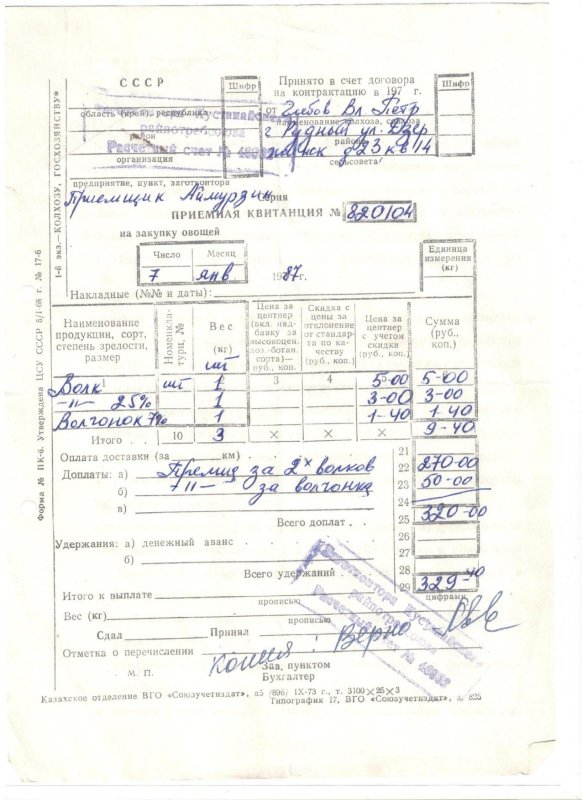 Квитанция оплаты за добытых волков.