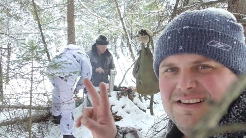 Охота на зайца.обед у костра.